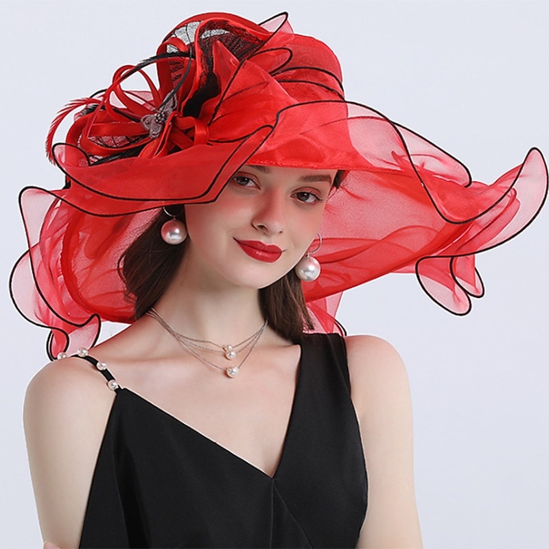 Fascinators Hats Headwear Organza  / Polyamide Bucket Hat Straw Hat Sun Hat Casual Holiday Ladies Day Melbourne Cup Cocktail With Feather Appliques Headpiece Hats Race Day Dress3