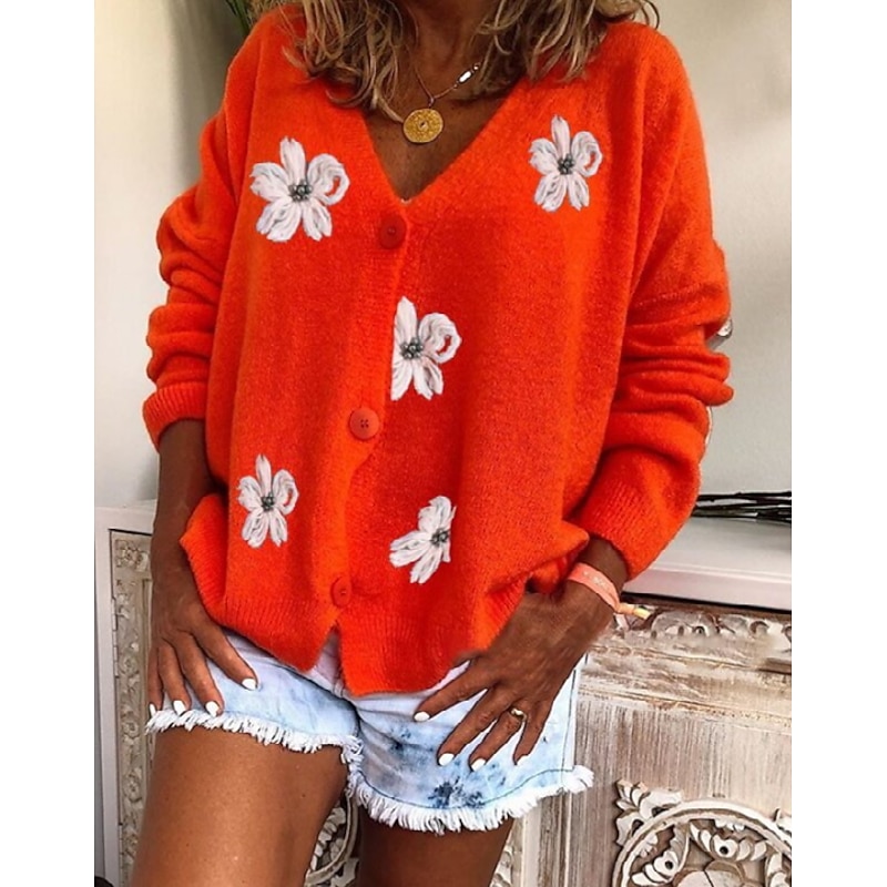 Women's Normal Sweater Cardigan Sweater Stylish Chic & Modern Casual Floral Maillard V Neck Embroidered Knitted Long Sleeve Knit Daily Holiday Red Green Spring Fall2