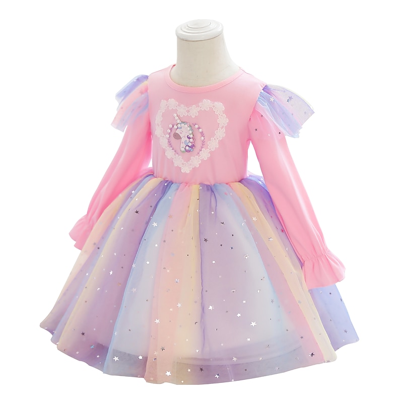 Kids Girls' Dress Unicorn Long Sleeve Lace Cute Polyester Midi Spring Fall & Winter Pink Blue2