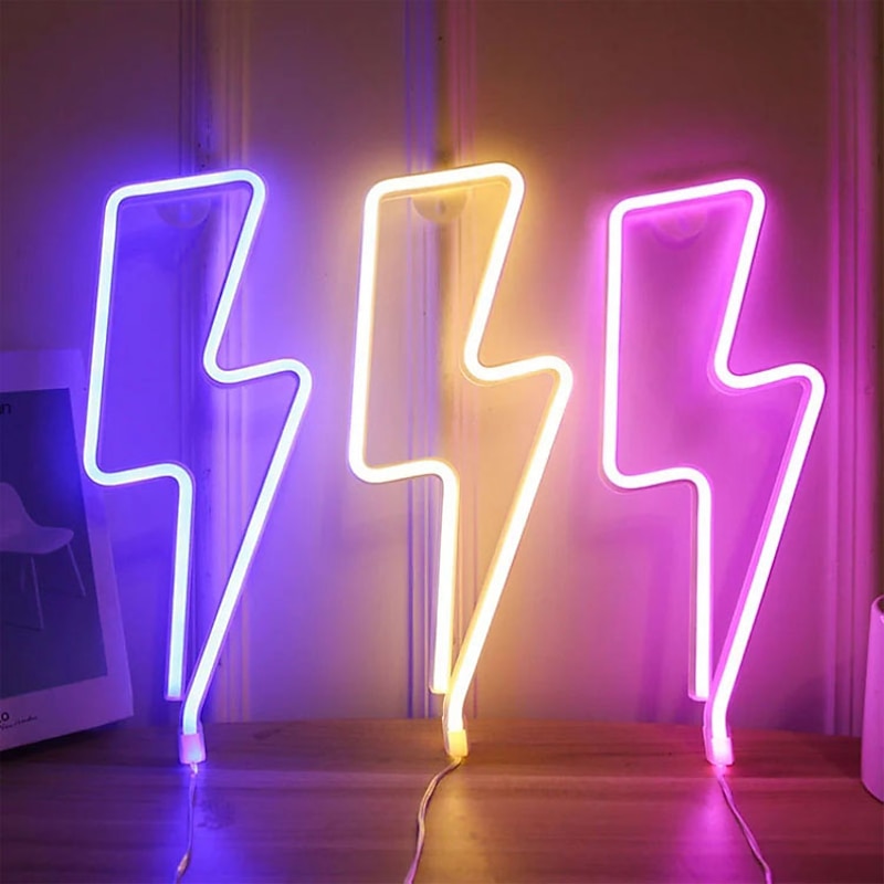 LED Neon Sign Light Lightning Shape Night Light Christmas Halloween Party Decoration Gift USB or Battery Operated Wall Décor