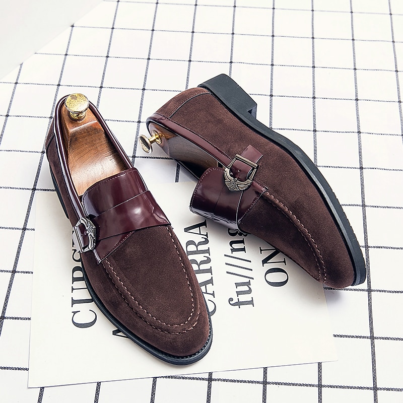 Men's Suede Loafers with Patent Leather Strap and Metal Buckle, Slip-On Dress Shoes for Business, Weddings and Formal Events