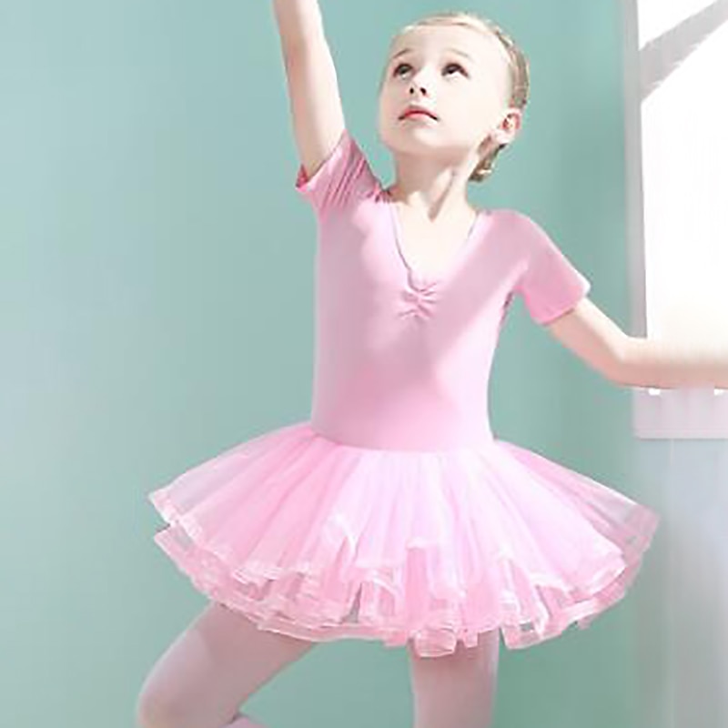 Breathable Ballet Dress Bowknot Pleats Solid Girls' Training Performance Short Sleeve High Cotton Blend Mesh2