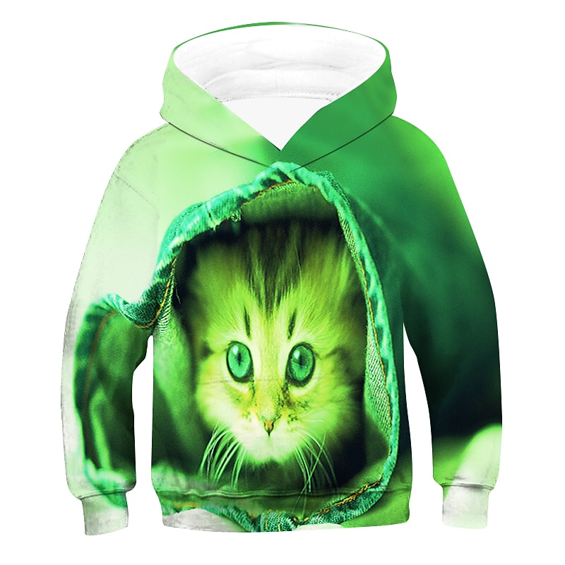 Kids 3D Print Cat Hoodie Long Sleeve  Animal Green Blue Purple Children Tops Fall Winter Active Streetwear Daily Indoor 2-13 Years3