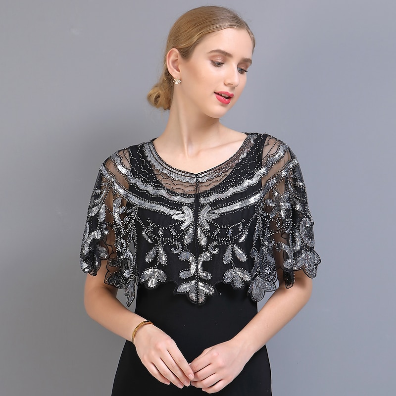 Shawl & Wrap Women's Wedding Guest Wraps Bolero Sparkle & Shine 1920s Elegant Short Sleeve Tulle Wedding Wraps With Beading For Wedding Summer dress to impress
