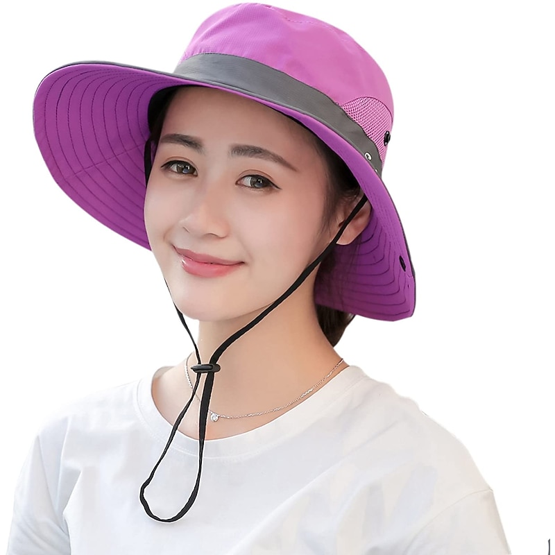 Women's Sun Hats Wide Brim Outdoor UV Protection Foldable Mesh Beach Fishing Hat with Ponytail Hole Hiking Hat Bucket Hat Boonie hat Summer Portable Breathable Patchwork Green Black Red Fuchsia2
