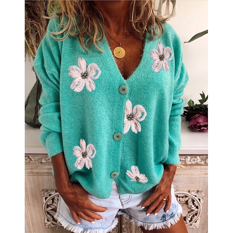 Women's Normal Sweater Cardigan Sweater Stylish Chic & Modern Casual Floral Maillard V Neck Embroidered Knitted Long Sleeve Knit Daily Holiday Red Green Spring Fall