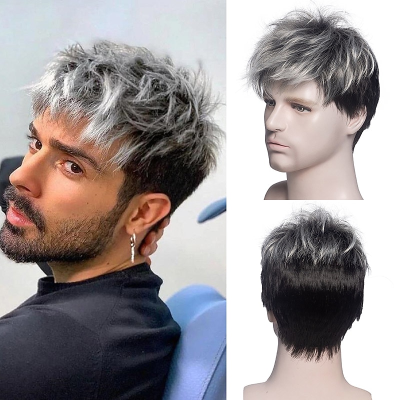 Men Short Straight Wig Heat Resistant Synthetic  Wig  for Male Fleeciness Realistic Natural Headgear Wigs Ombre Grey /Brown /Blonde