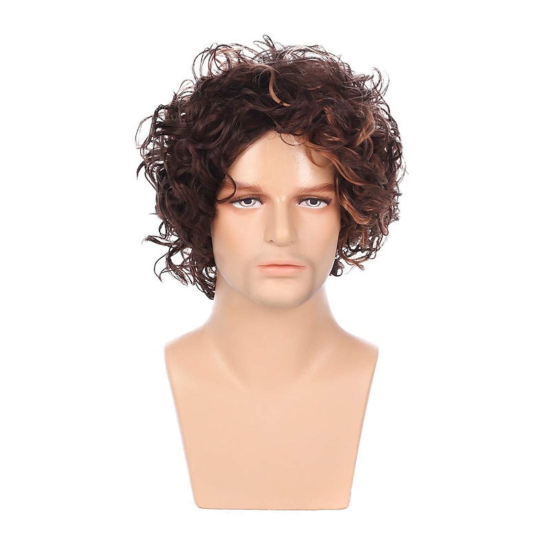 Men's Short Brown Curly Layered Wig Fluffy Bangs Halloween Costume Hair Party Cosplay Full Wig2
