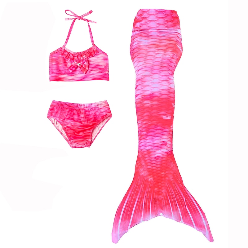 Kids Girls' 3pcs Mermaid Swimwear Swimwear Bikini Beach Swimming Geometric Active Cute Bathing Suits 3-10 Years Summer Red Rainbow3