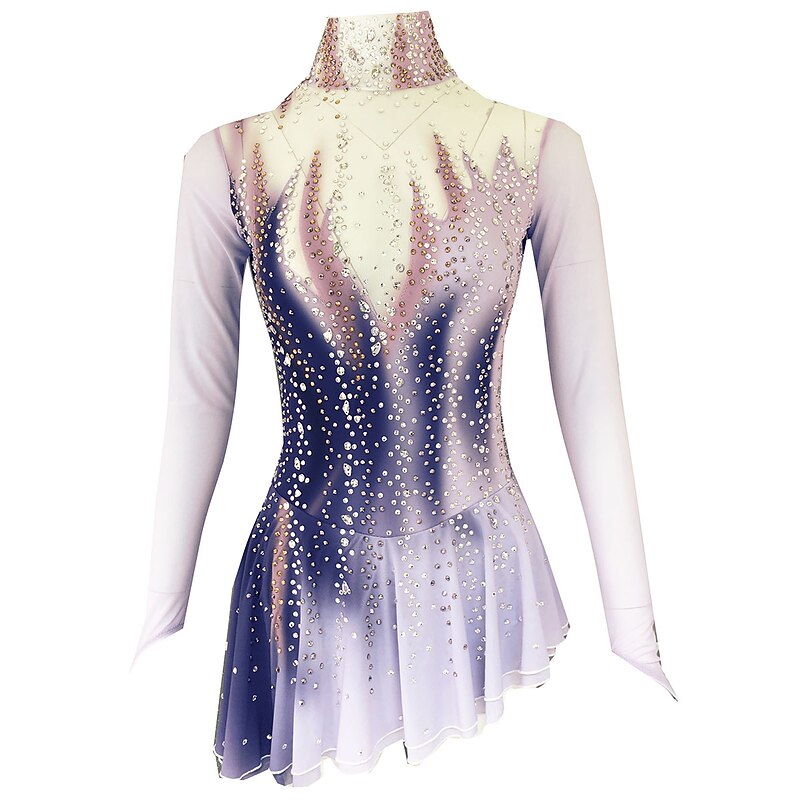 Figure Skating Dress Women's Girls' Ice Skating Dress Outfits White Dark Purple Dusty Rose Open Back Spandex Micro-elastic Training Skating Wear Handmade Classic Crystal / Rhinestone Long Sleeve Ice4