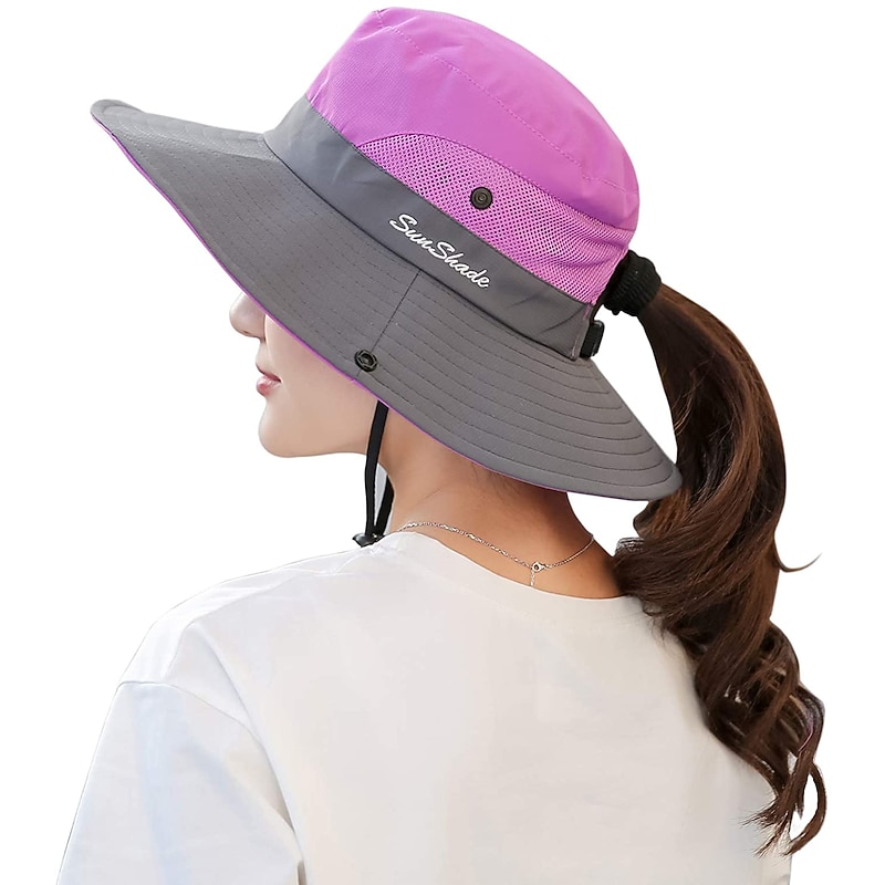 Women's Sun Hats Wide Brim Outdoor UV Protection Foldable Mesh Beach Fishing Hat with Ponytail Hole Hiking Hat Bucket Hat Boonie hat Summer Portable Breathable Patchwork Green Black Red Fuchsia3
