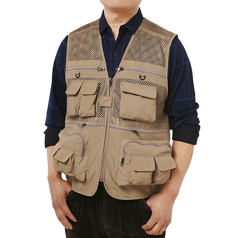 Men's Fishing Vest Hiking Vest Sleeveless V Neck Vest / Gilet Jacket Top Outdoor Breathable Quick Dry Multi Pockets Lightweight Polyester Army Green Khaki Dark Blue Fishing Climbing Camping / Hiking2
