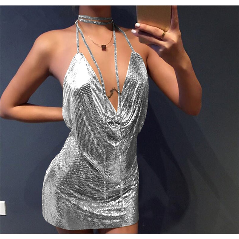 Exotic Dancewear Dress Metal Chain Women's Performance Sleeveless Metal