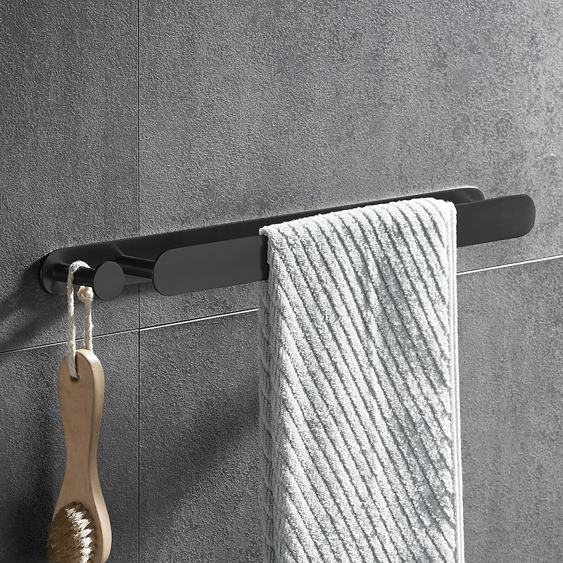 Black Multifunctional Towel Bar with Hook Stainless Steel Painted Finishes Bathroom Shelf Self-adhesive 40cm 1pc2