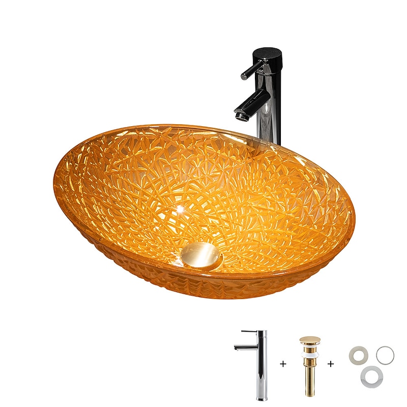 Modern Luxury Art Orange Oval Die Cast Glass Wash Basin With Faucet, Basin Holder And Drain3