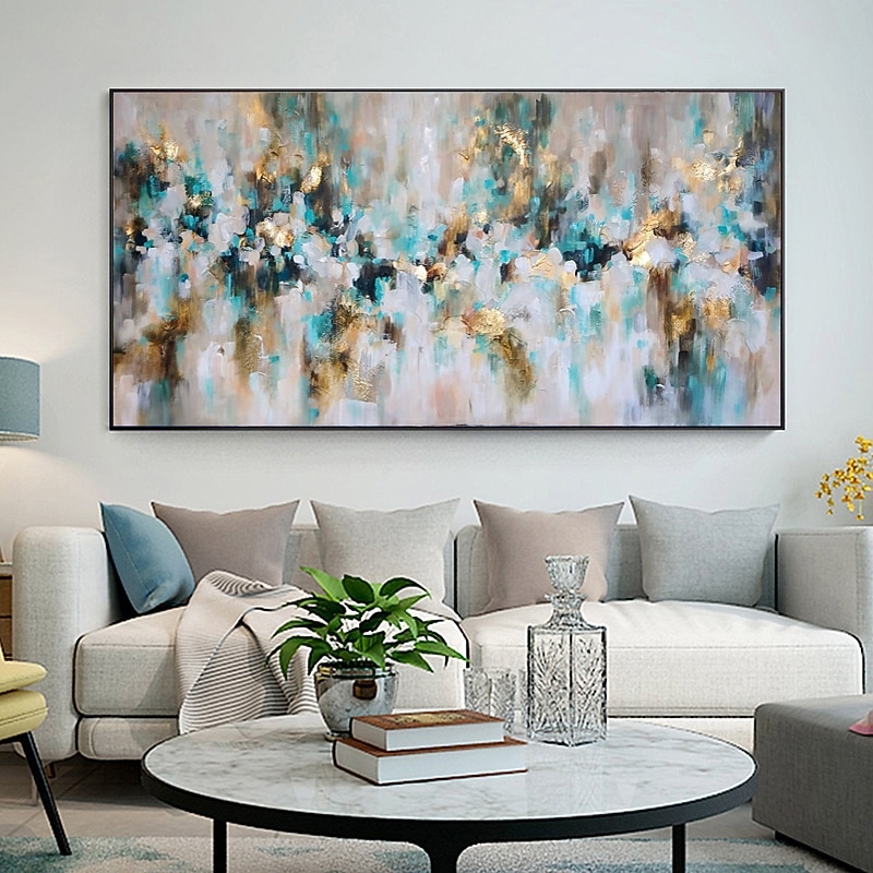 Oil Painting 100% Handmade Hand Painted Wall Art On Canvas Golden Blue Abstract Moasic Effect Home Decoration Decor Rolled Canvas No Frame Unstretched