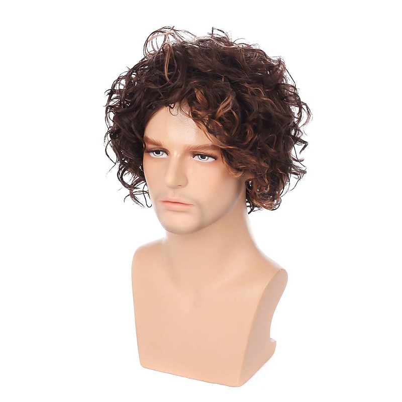 Men's Short Brown Curly Layered Wig Fluffy Bangs Halloween Costume Hair Party Cosplay Full Wig4