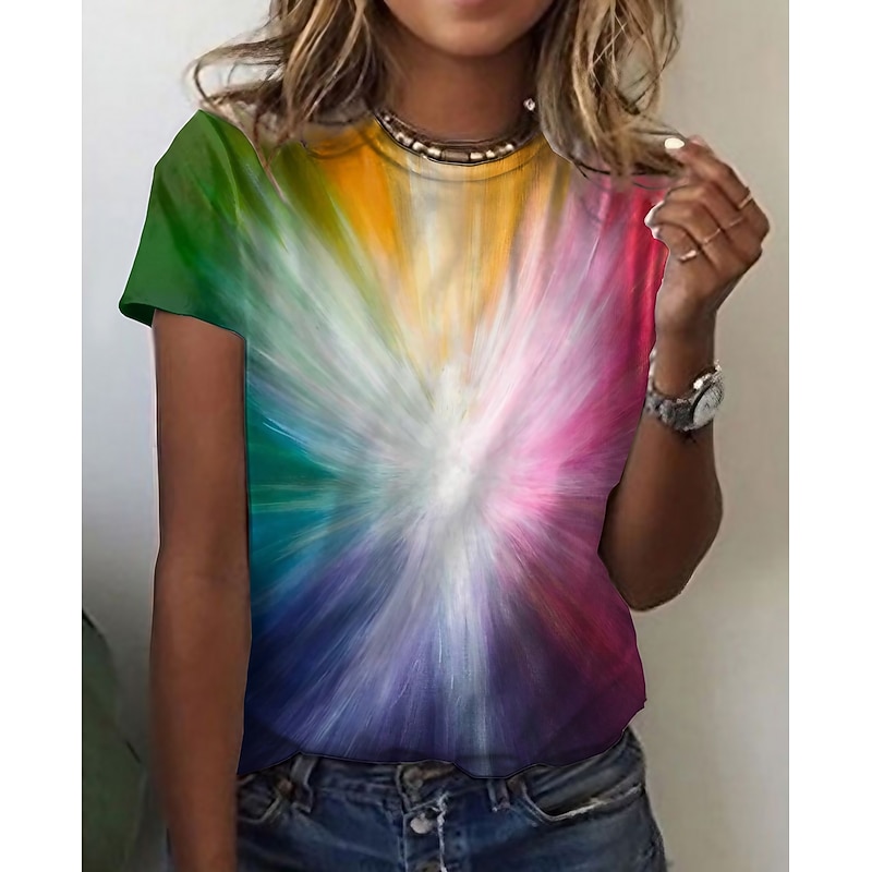 Women's T Shirt Basic Color Block Print Short Sleeve Regular Tops Round Neck Daily Weekend Yellow Red Blue Green Rainbow
