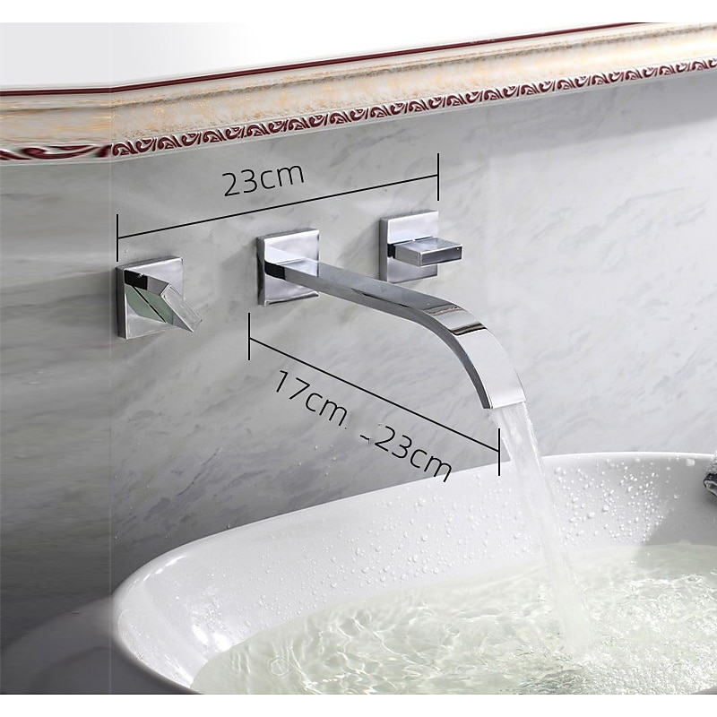 Wall Mounted Bathroom Sink FaucetSilvery Widespread Chrome Two Handles Three Holes Bath Taps with Hot and Cold Water4