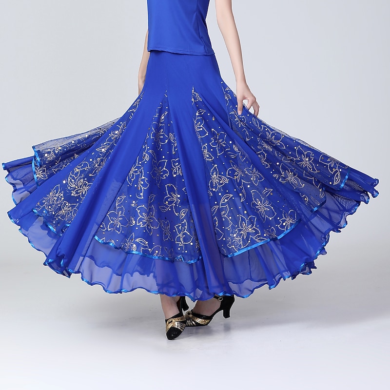 Ballroom Dance Skirts Printing Pure Color Ruffle Women's Performance Training High Polyester