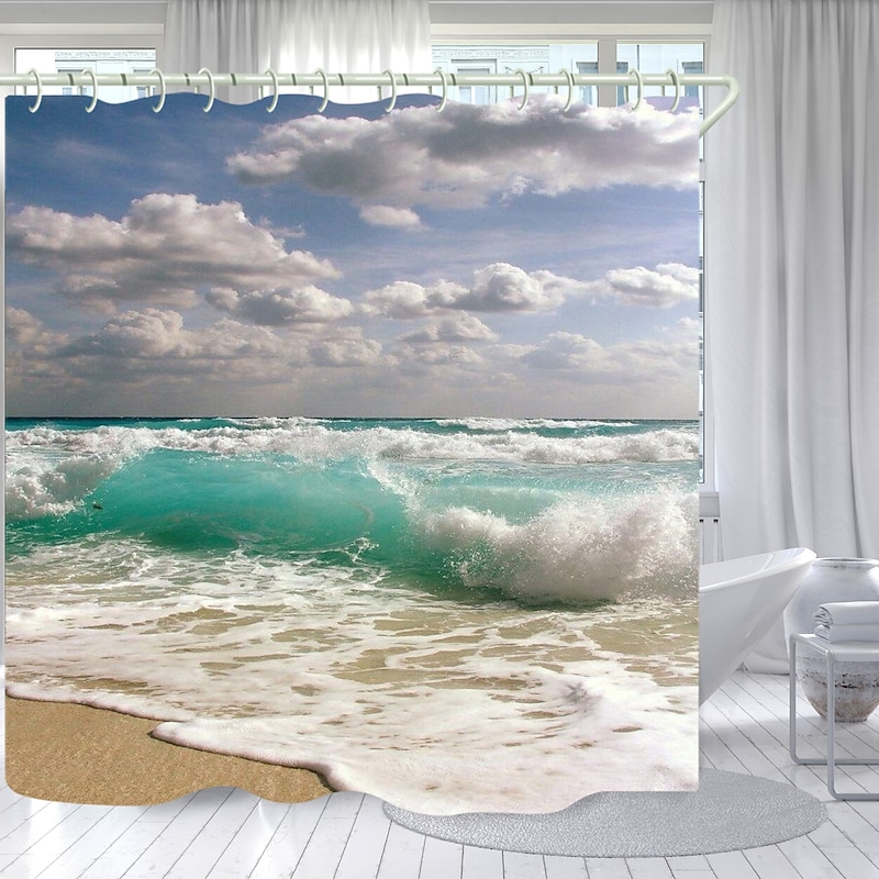 Shower Curtains with Hooks Waterproof 180cm*180cm(70"*70")White Clouds Waves Printing Modern Polyester2