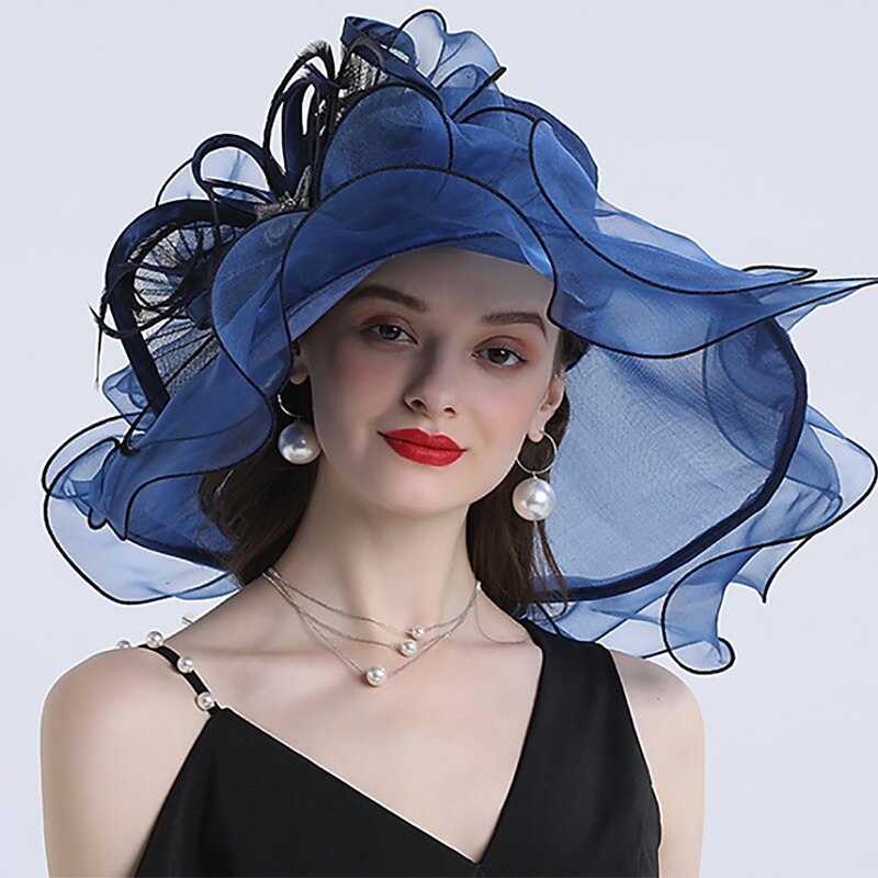 Fascinators Hats Headwear Organza  / Polyamide Bucket Hat Straw Hat Sun Hat Casual Holiday Ladies Day Melbourne Cup Cocktail With Feather Appliques Headpiece Hats Race Day Dress