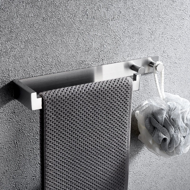 Multifunctional Towel Bar with Coat Hooks Punch-free Self-adhesive Bathroom Shelf Stainless Steel Brushed Silver and Black 1pc2