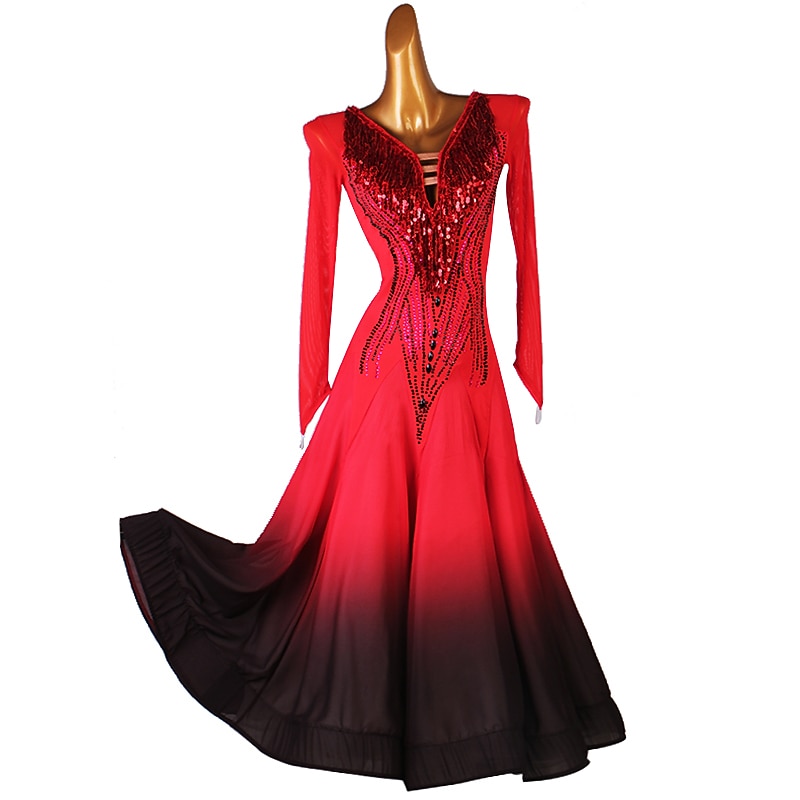 Ballroom Dance Dress Crystals / Rhinestones Sequins Women's Performance Training Long Sleeve Chiffon Chinlon Mesh