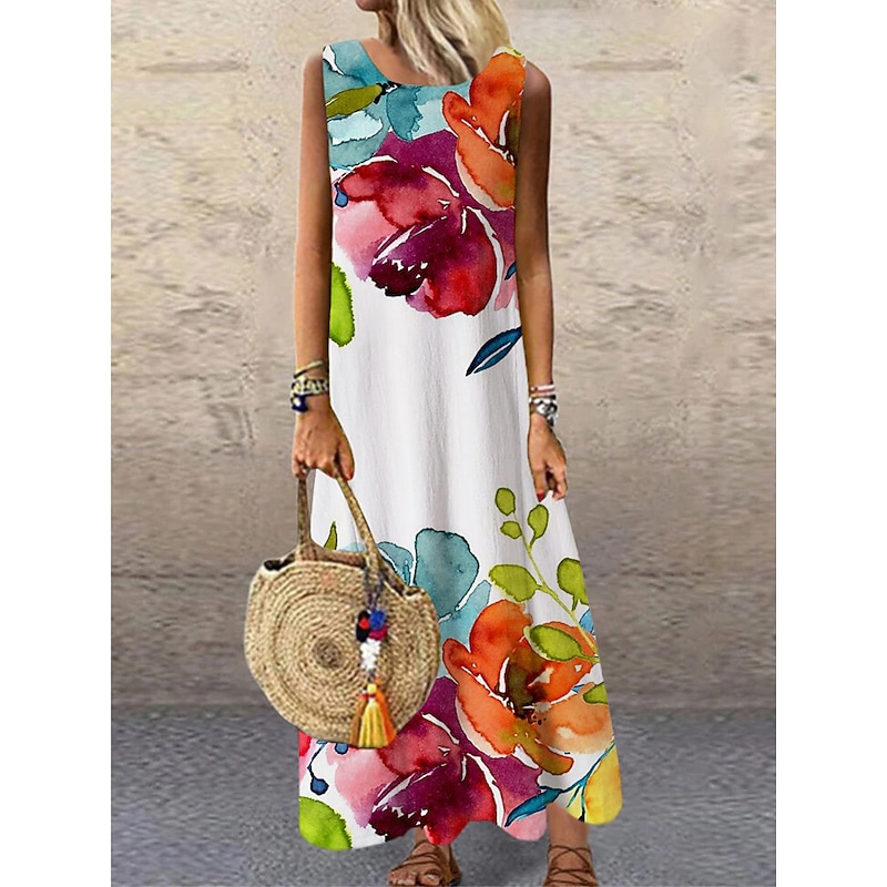Women's Maxi Dress Casual Dress Sundress Shift Dress Fashion Vacation Party Casual Regular Fit Floral Print Sleeveless Crew Neck Rainbow Summer Spring Fall Autumn