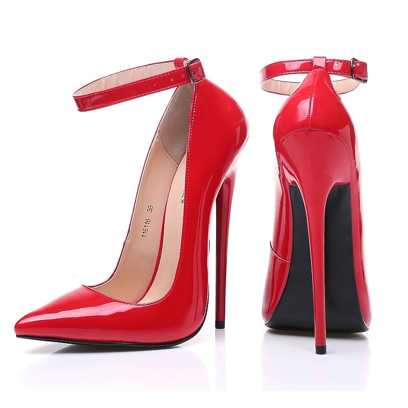 Women's Red Patent Leather Stiletto High Heel Pumps with Ankle Strap - Sexy Pointed Toe Dress Shoes2