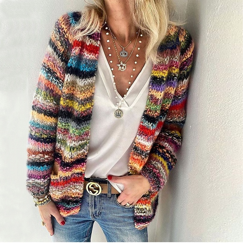 Women's Cardigan Casual Daily Multi Color Round Neck Printing Long Sleeve Knit Daily Spring Fall2
