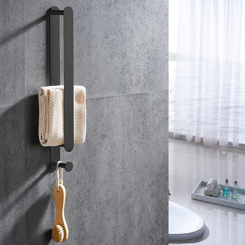 Black Multifunctional Towel Bar with Hook Stainless Steel Painted Finishes Bathroom Shelf Self-adhesive 40cm 1pc3