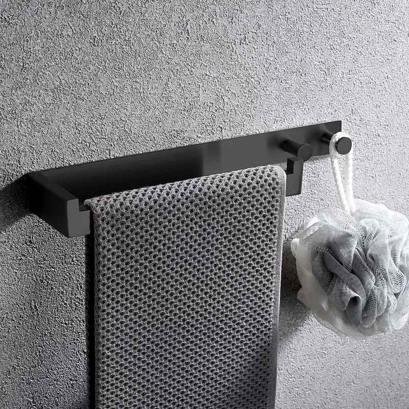Multifunctional Towel Bar with Coat Hooks Punch-free Self-adhesive Bathroom Shelf Stainless Steel Brushed Silver and Black 1pc3