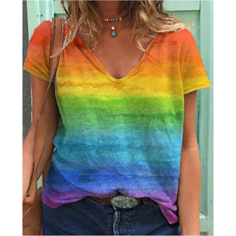 Women's T shirt Tee Rainbow Rainbow Short Sleeve Home Daily Basic V Neck Regular LGBT Pride S4