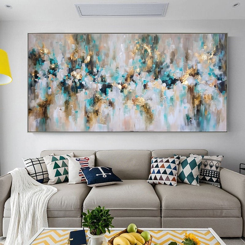 Oil Painting 100% Handmade Hand Painted Wall Art On Canvas Golden Blue Abstract Moasic Effect Home Decoration Decor Rolled Canvas No Frame Unstretched4