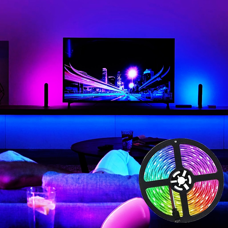 5m 16.4ft Smart LED RGB Strip Light 150 LEDs 5050 SMD TV Backlight Home Décor Work with Alexa Google 10mm 24Keys Remote Controller DC Cables WiFi App Control USB Self-adhesive 5V USB Powered
