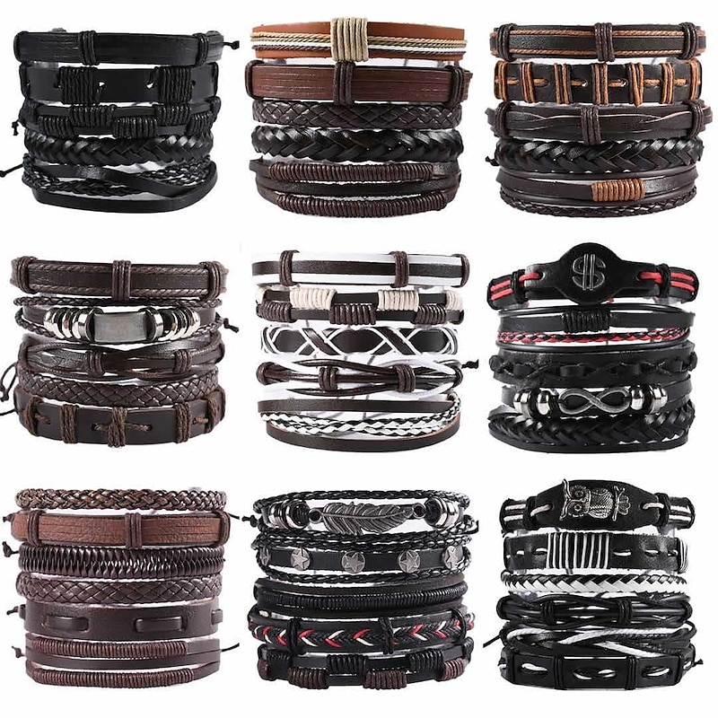vintage men's hand jewelry 5 packs cross braided leather adjustable set bracelet 2025 - $8.99