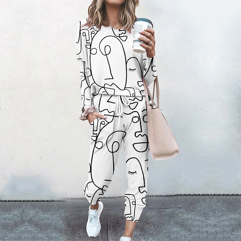 Women's Sweatshirt Tracksuit Pants Sets Streetwear Cinched Blue Yellow Going out Casual Daily Graphic Abstract Drawstring Print Crew Neck S M L XL XXL3