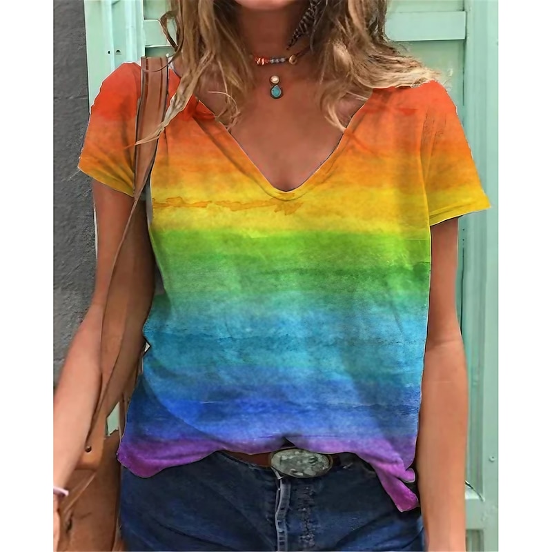 Women's T shirt Tee Rainbow Rainbow Short Sleeve Home Daily Basic V Neck Regular LGBT Pride S2