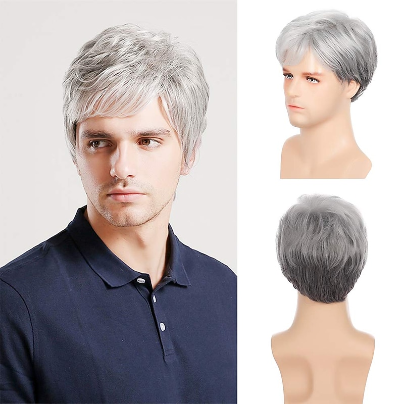 Gray Wigs for Men Synthetic Wig Straight Short Bob Wig Short Silver Grey Synthetic Hair Men'S Cosplay Party Fashion Silver Dark Gray