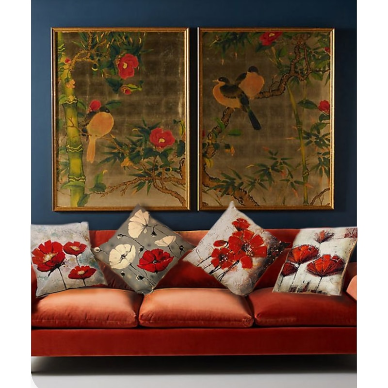 Set of 4 Artistic Flowers Square Decorative Throw Pillow Cases Sofa Cushion Covers  Home Sofa Decorative  Faux Linen Cushion Cover for Sofa Couch Bed Chair Red2
