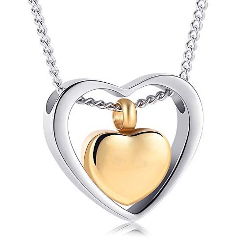 memory cremation ashes jewelry double heart urn necklace for ashes keepsake memorial pendant urn lockets for ashes for loved one(silver and gold)