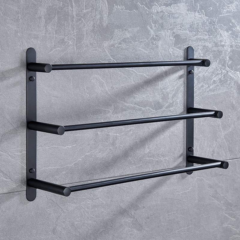 3-Tier Towel Towel Rail ,Wall Mounted Stainless Steel Towel Rack Storage Shelf for Bathroom 30cm~70cm Towel Bar Towel Rail Towel Hanger(Matte Black/Chrome)4
