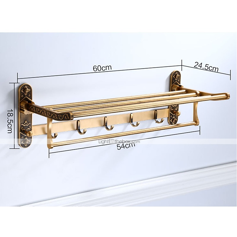 Multilayer Towel Bar with 7 Hooks Foldable Antique Carved Aluminum for Bathroom Wall Mounted 1pc4