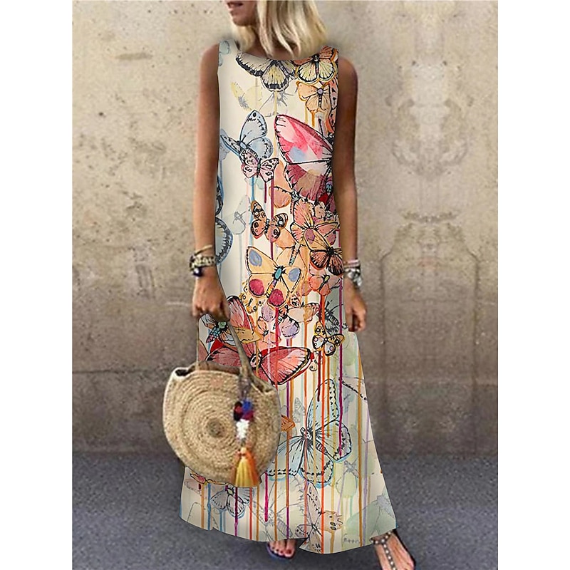 Women's Maxi Dress Sundress A Line Dress Summer Dress Casual Vacation Party Casual Loose Fit Animal Print Sleeveless Crew Neck Light Yellow Light Blue Yellow Red Summer Spring2