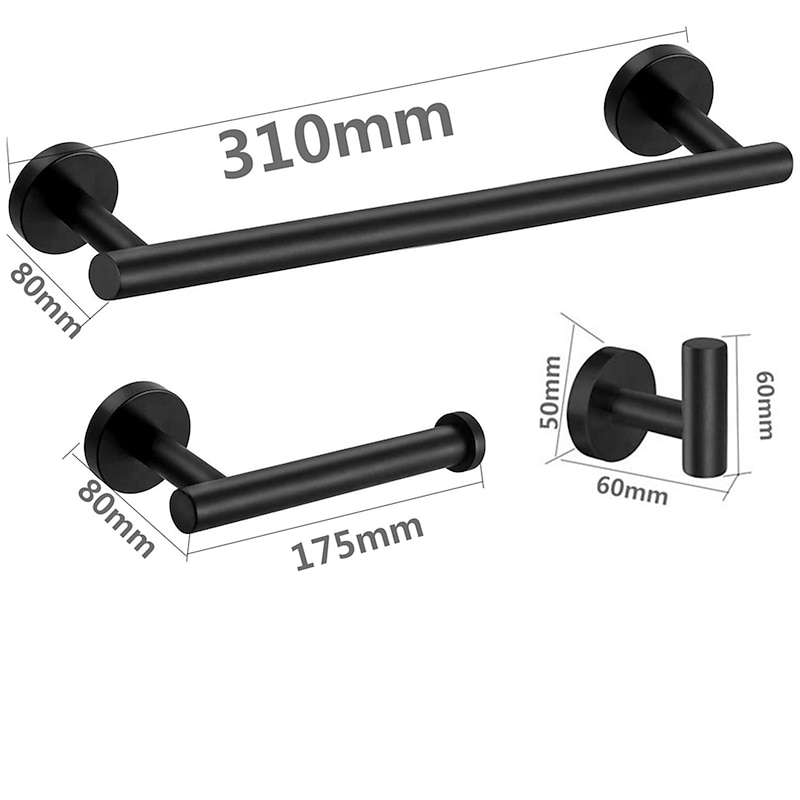 Towel Rack Set Stainless Steel Material Include Bathroom Single Towel Rod Toilet Paper Holder and Robe Hook Black 3pcs3