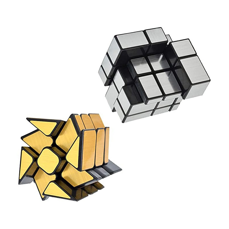 Mirror Speed Cube Set Magic Cube Pack of 2 Dysmorphism 3x3x3 Mirror Golden Wheel Cube and Mirror Silver Cube Twist Speed Cube Bundle Puzzle Games Toy for Boy and Girl and Adults2