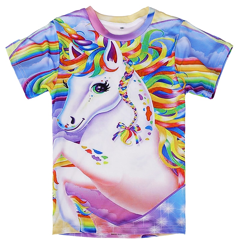 Girls' 3D Graphic Animal Rainbow T shirt Tee Short Sleeve 3D Print Summer Active Cute Kids 2-13 Years School3