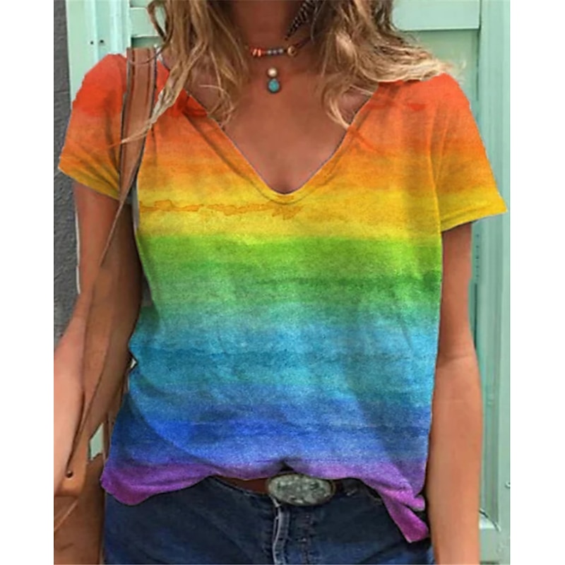 Women's T shirt Tee Rainbow Rainbow Short Sleeve Home Daily Basic V Neck Regular LGBT Pride S3