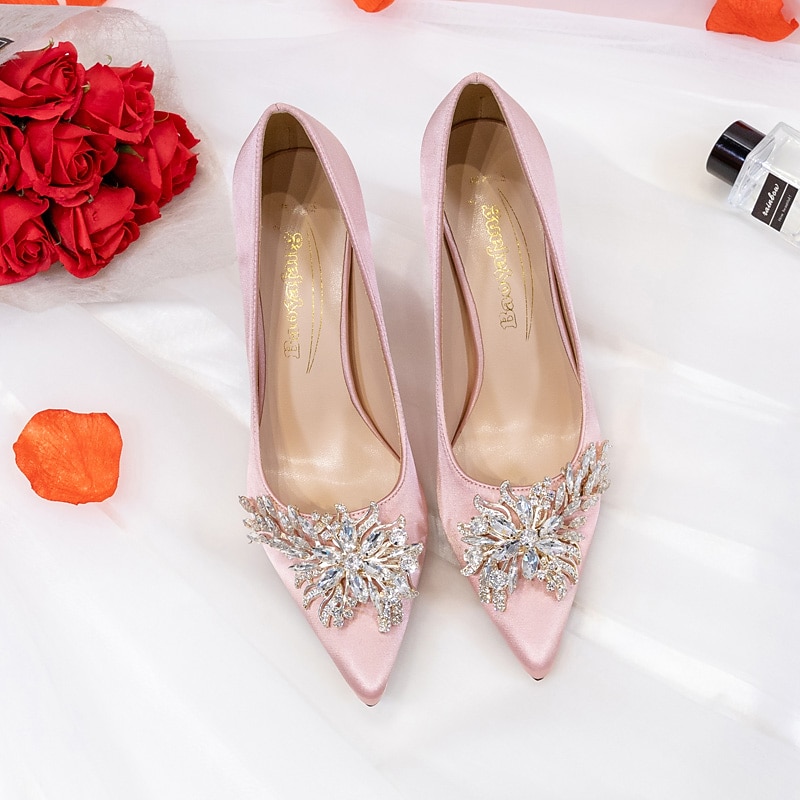 Women's Pink Satin High Heels – Elegant Rhinestone Embellished Pumps for Bride, Weddings, and Special Occasions2